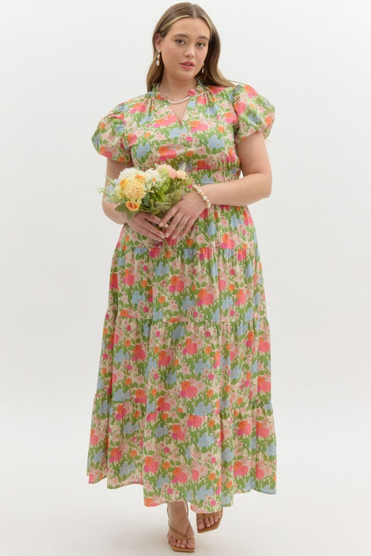 Plus Floral Print Bubble Sleeve Dress