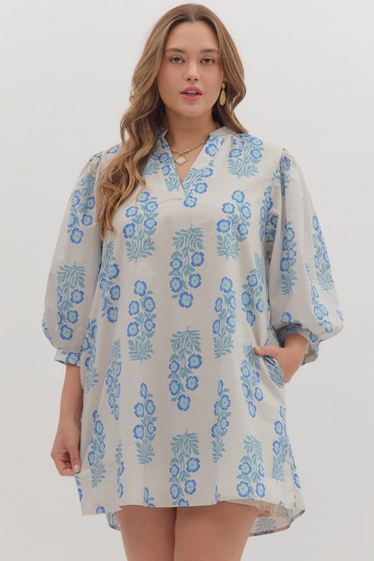 Plus Blue Floral Pattern Dress