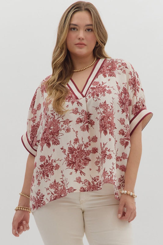Plus Red and White Floral Print Top