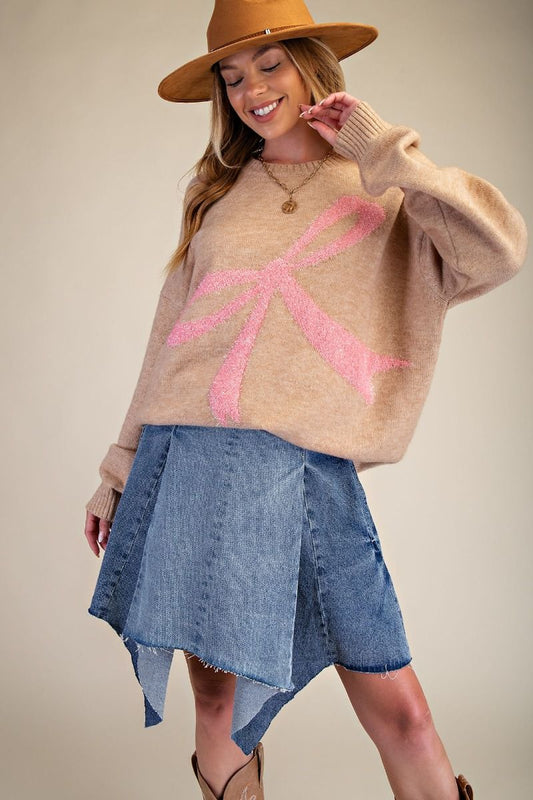 Taupe and Pink Bow Sweater