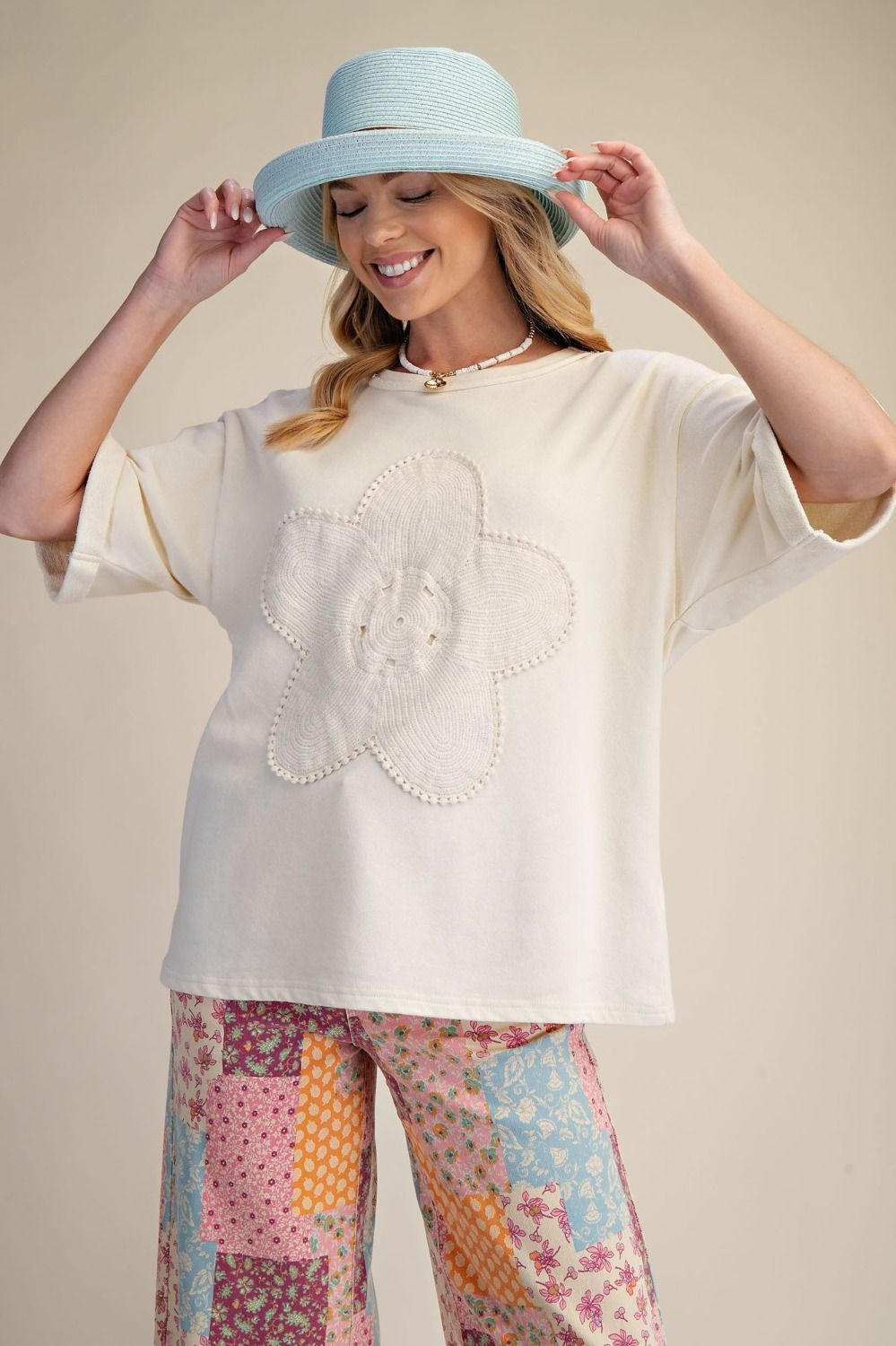 Ivory Floral Patch Washed Terry Top
