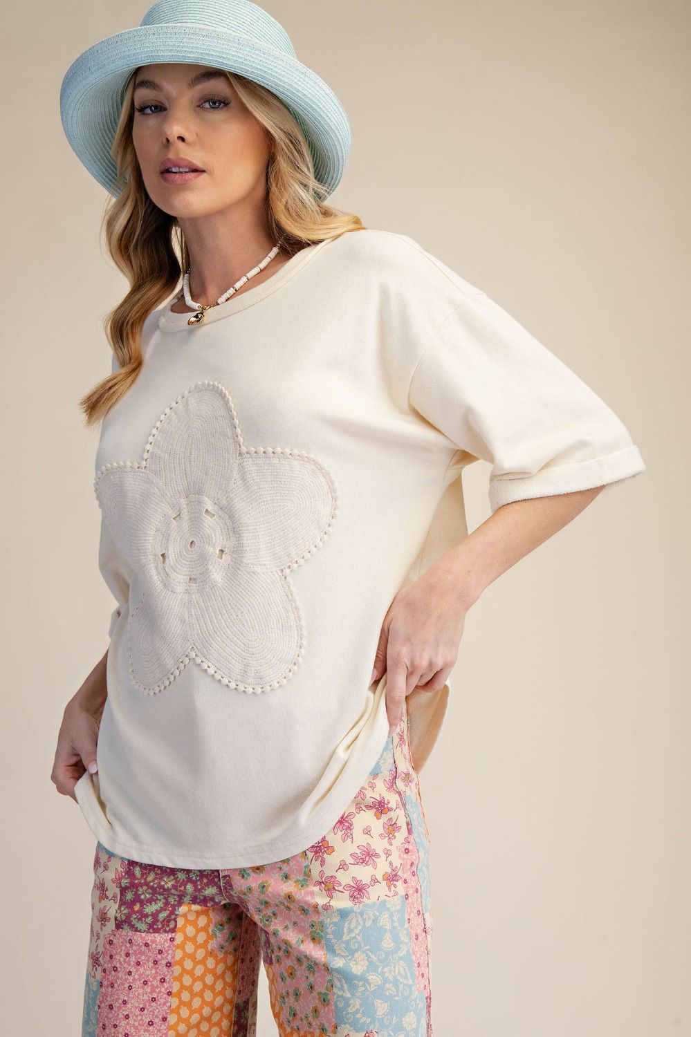 Ivory Floral Patch Washed Terry Top