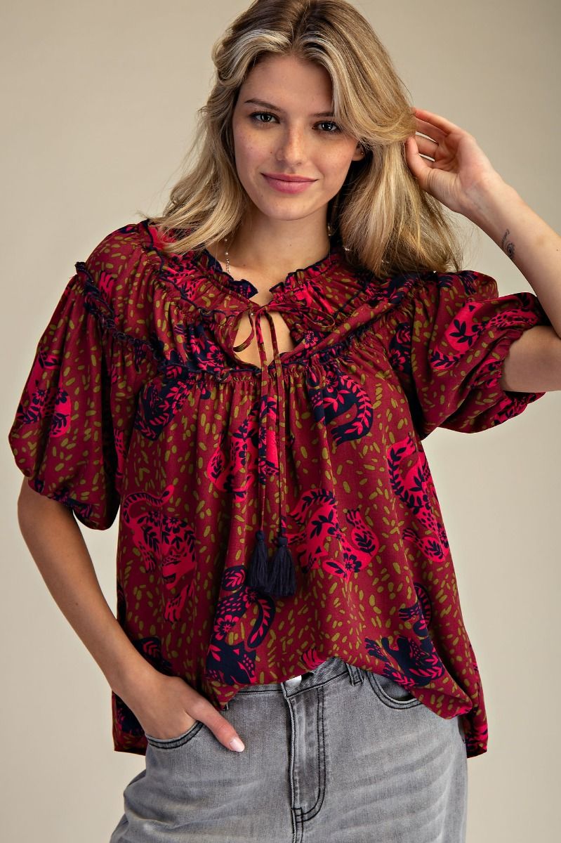 Navy Green Floral Top