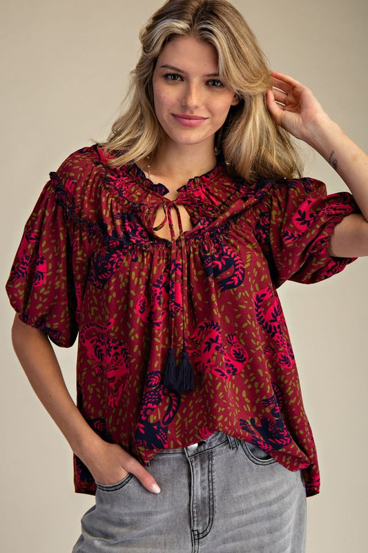 Navy Green Floral Top