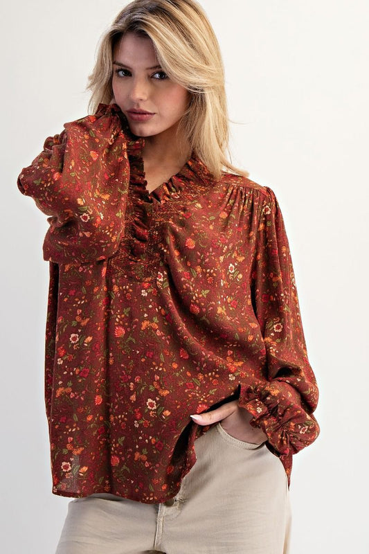 Plus Floral Printed Rayon Gauze Blouse