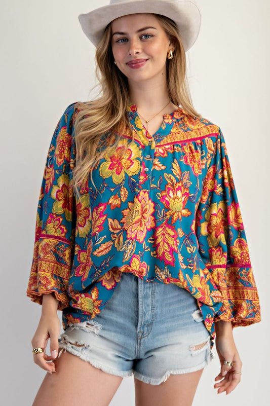 Turquoise Blend Floral Blouse