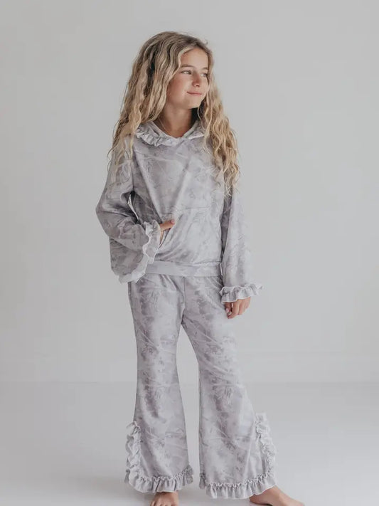 Kids Light Gray Camo Hooded Ruffle Set