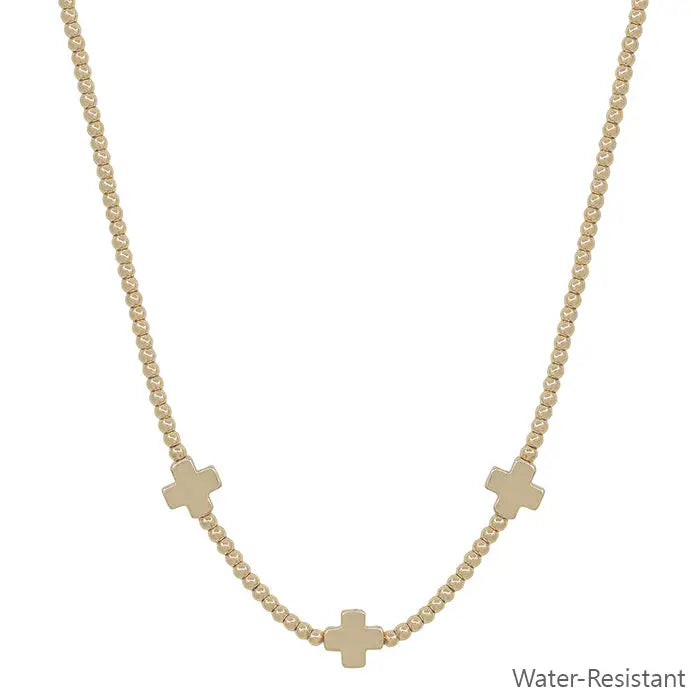 Water Resistant Gold Beaded with Gold Cross Shape Necklace