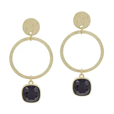 Worn Gold Open Circle with Black Stone Earring