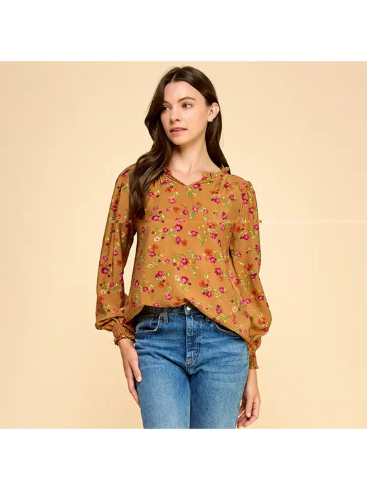 Floral Print Blouse with Smocked Cuffs
