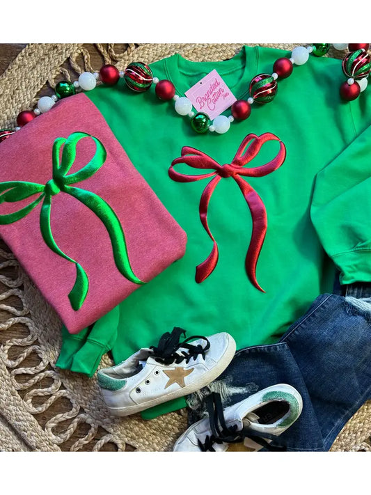 Green Sweatshirt with Red Metallic Bow