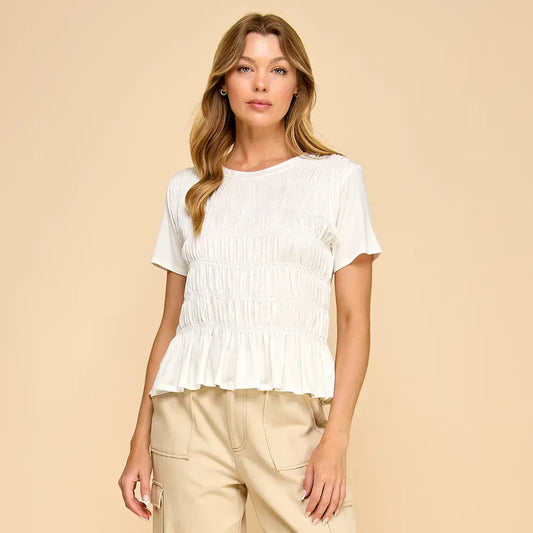 White Soild Top with Smocked Detail