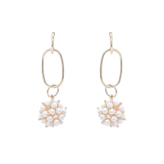 Gold Open Oval with Pearl Beaded Ball Drop Earring