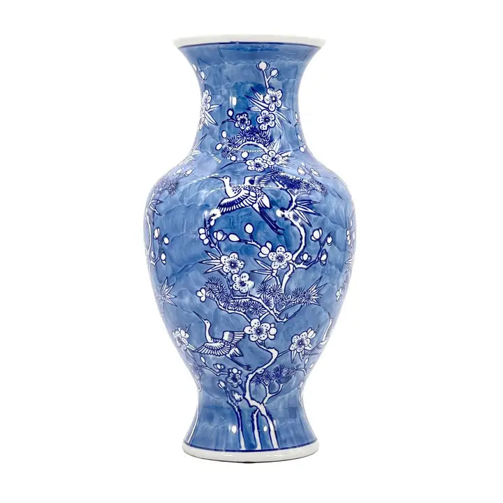Blue & White Crane & Flares Chinoiserie Ceramic Vase