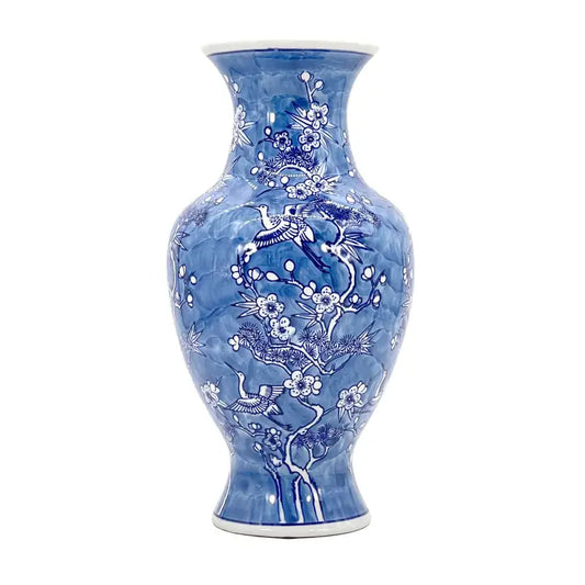 Blue & White Crane & Flares Chinoiserie Ceramic Vase