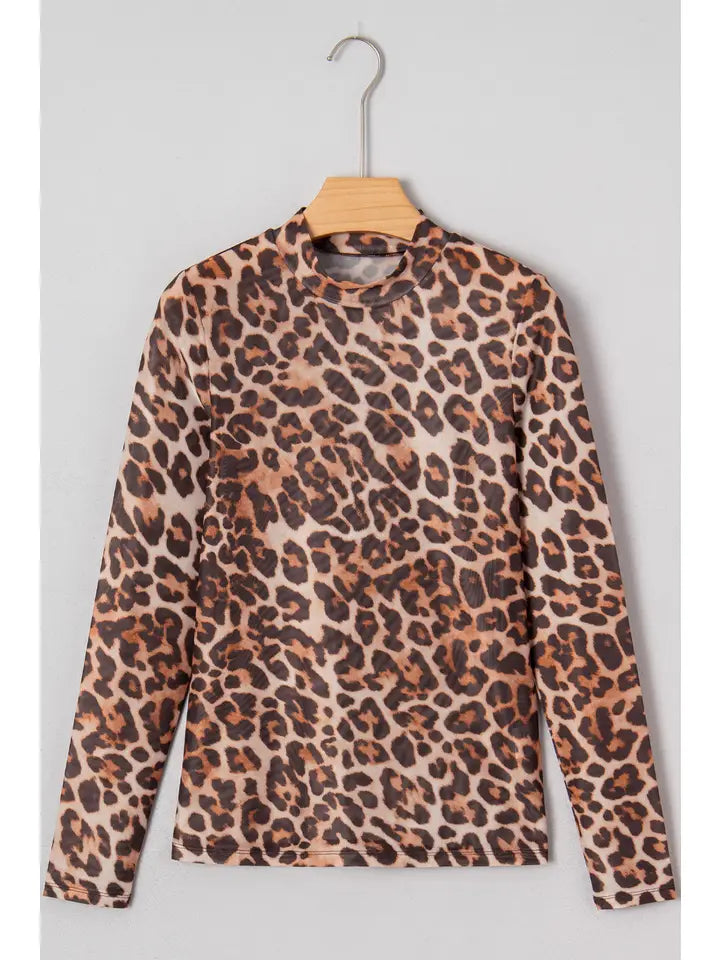 Leopard Mock Neck Mesh Top