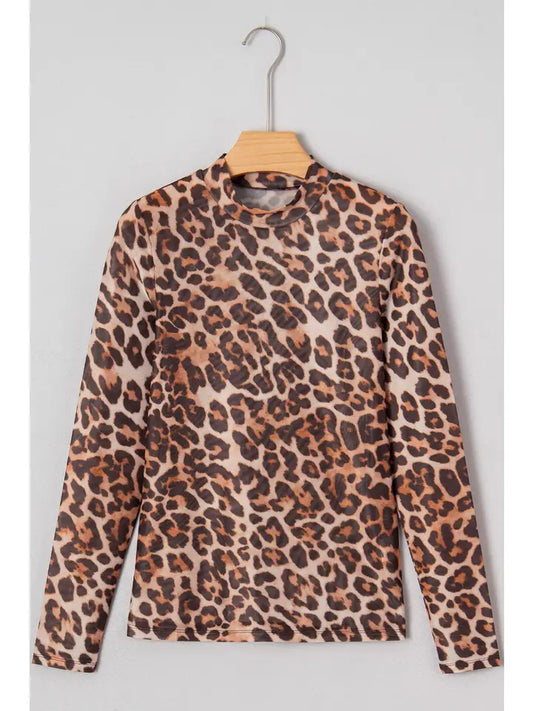 Leopard Mock Neck Mesh Top