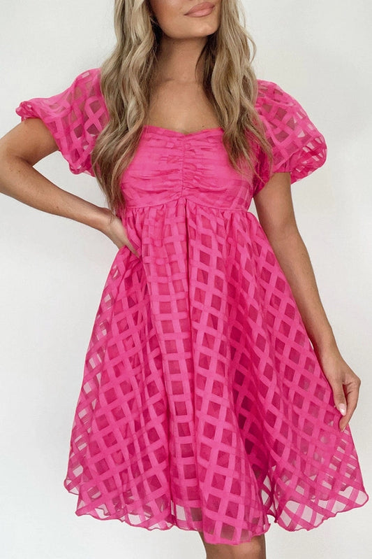 Pink Checker Puff Sleeve Dress