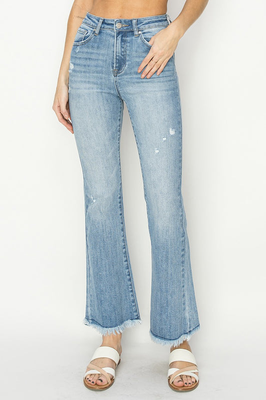 Risen High Rise Frayed Hem Bootcut Jean