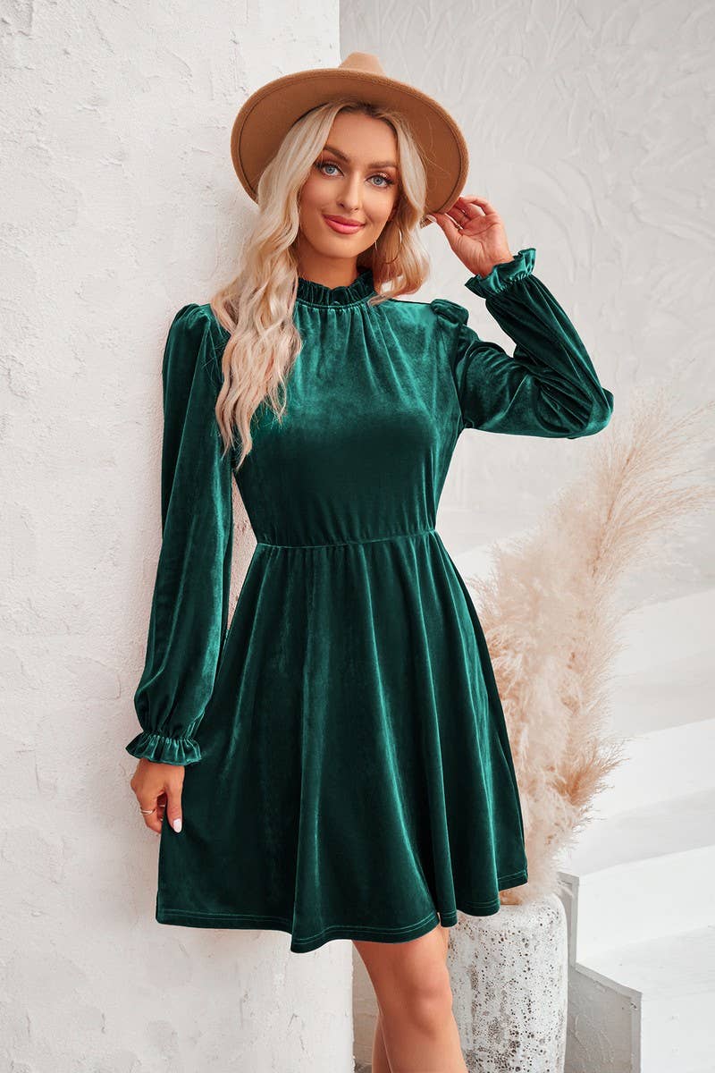 Green Velvet Round neck Puff Sleeve Smocking Detailed Dress